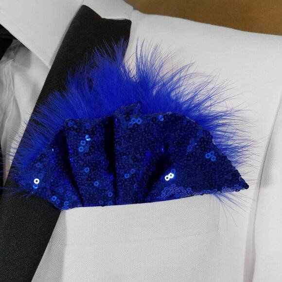 NEW Royal Blue Sequin Ruffle & Feather Pocket Square Insert - Picture 2 of 9